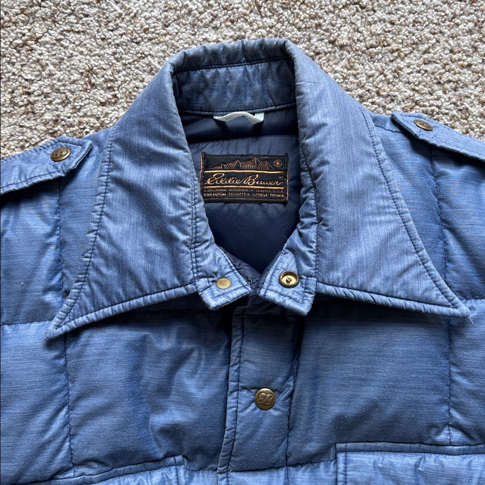 VTG 70’s Eddie Bauer Down Insulated Quilted Shirt Jacket Denim Chambray Blue L - Picture 2 of 9